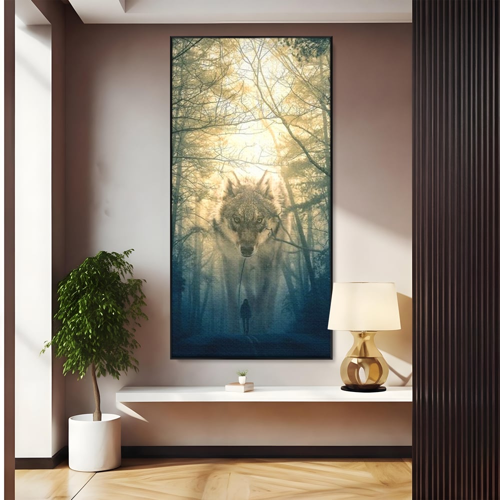 Tablou canvas cu ilustratie digitala cu un lup gigant si o silueta umana, in rama de aluminiu negru